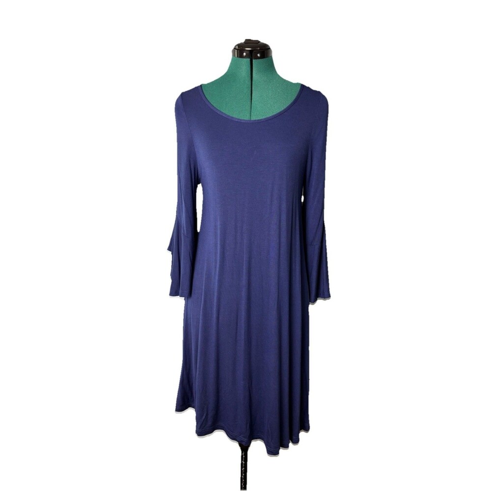 Allison Brittney Dress Womens Medium Blue Tiered Flounce Bell Sleeve Swing Knit